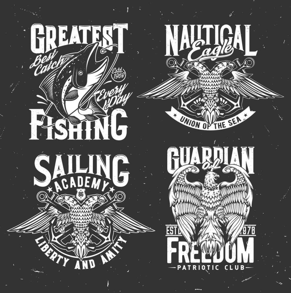 Nautical heraldic icons, anchor, eagle and fishing vector