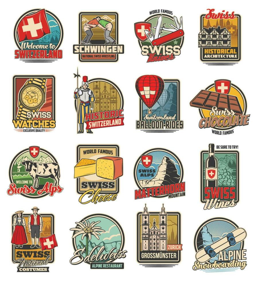 Switzerland travel, Swiss icons of chocolate, alps vector