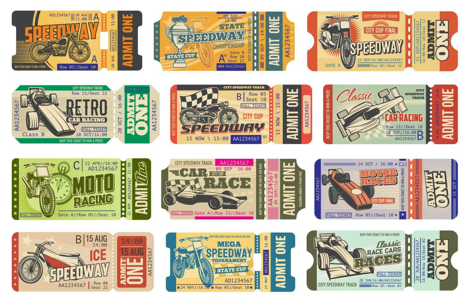 Speedway motorsport racing vintage tickets set vector
