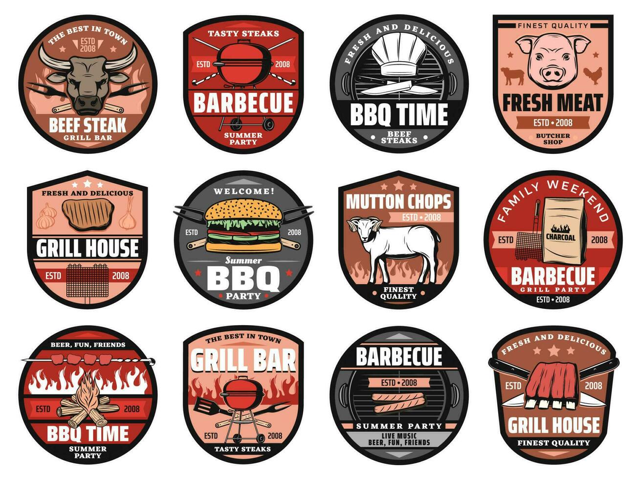 Barbecue party, grill bar, picnic hamburgers icons vector