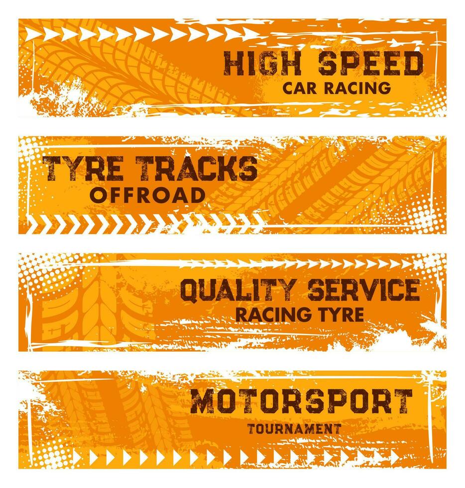 Tire tracks, car truck wheels road speed banners vector