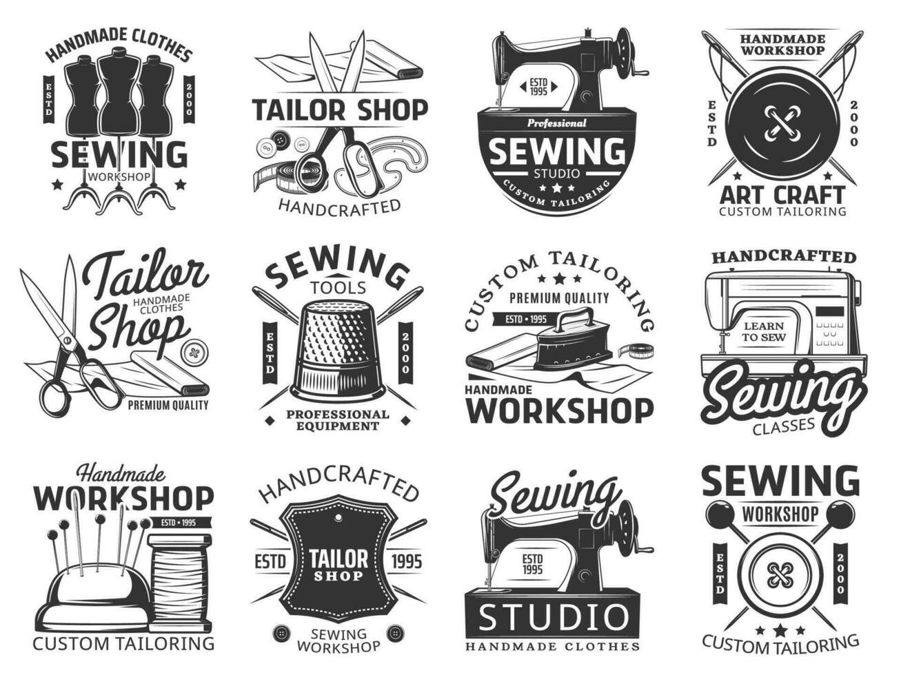 Sewing and tailor icons, vector retro emblems set