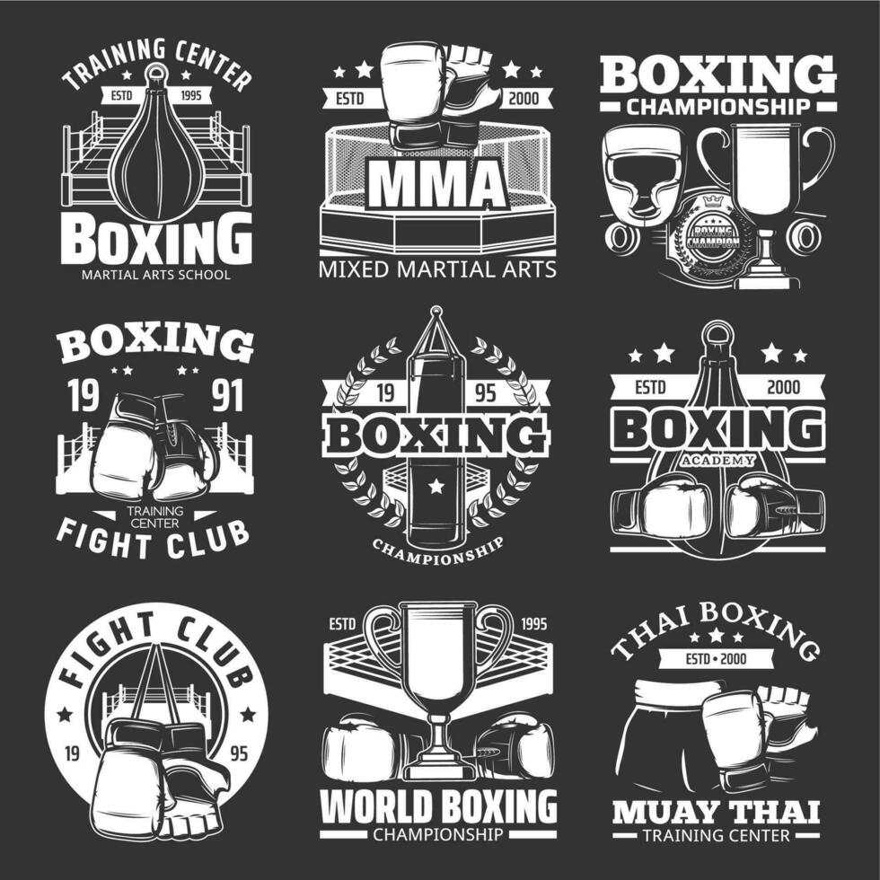 Boxing icons, Muay Thai kickboxing fight club vector