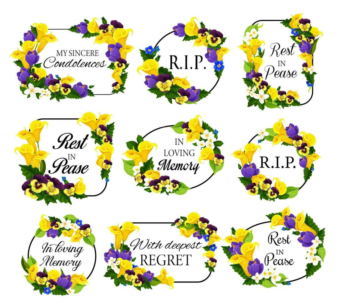 Funerary frame with calla lily and pansy flowers vector