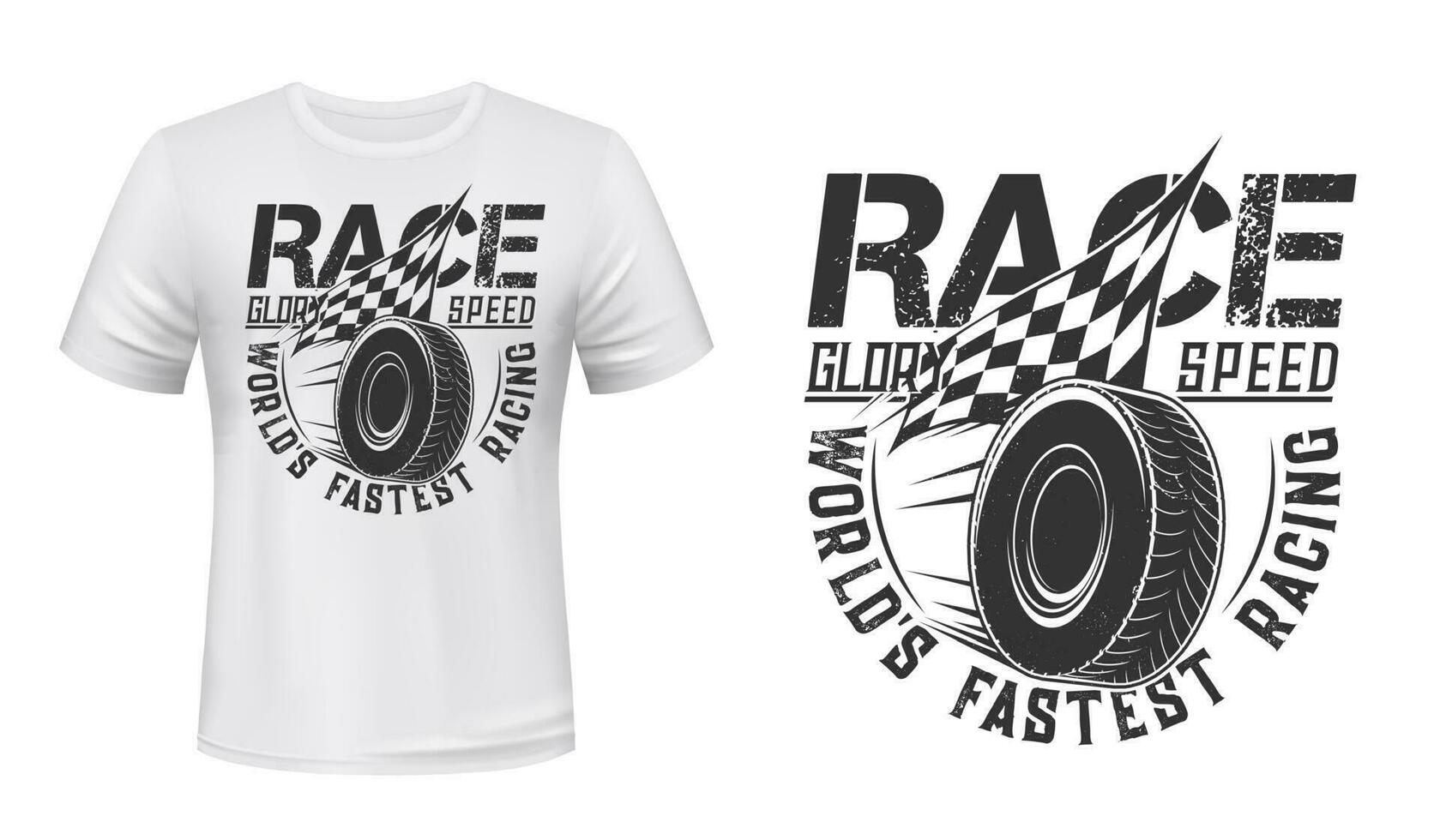 Rolling car wheel and racing flag t-shirt print vector