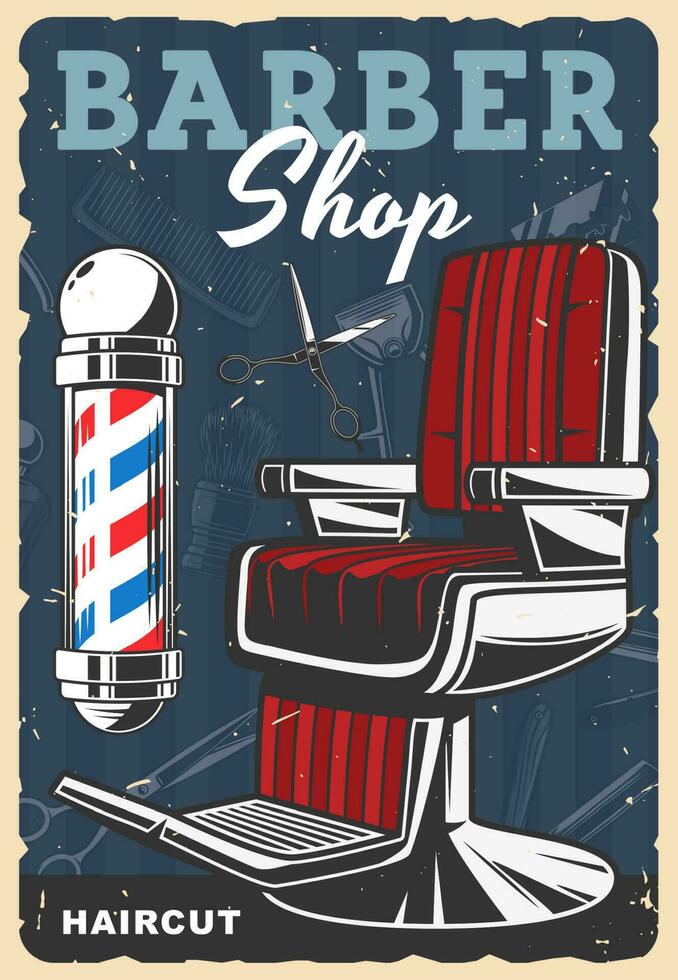 Barber shop, barber equipment vector retro poster