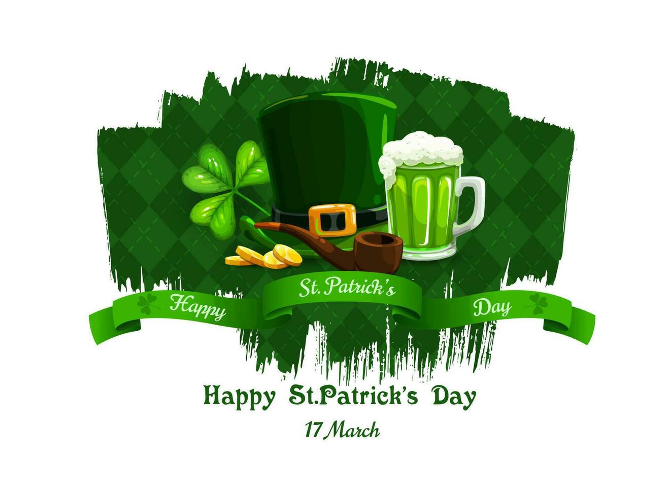 Patrick Day clover, leprechaun gold. Irish holiday vector