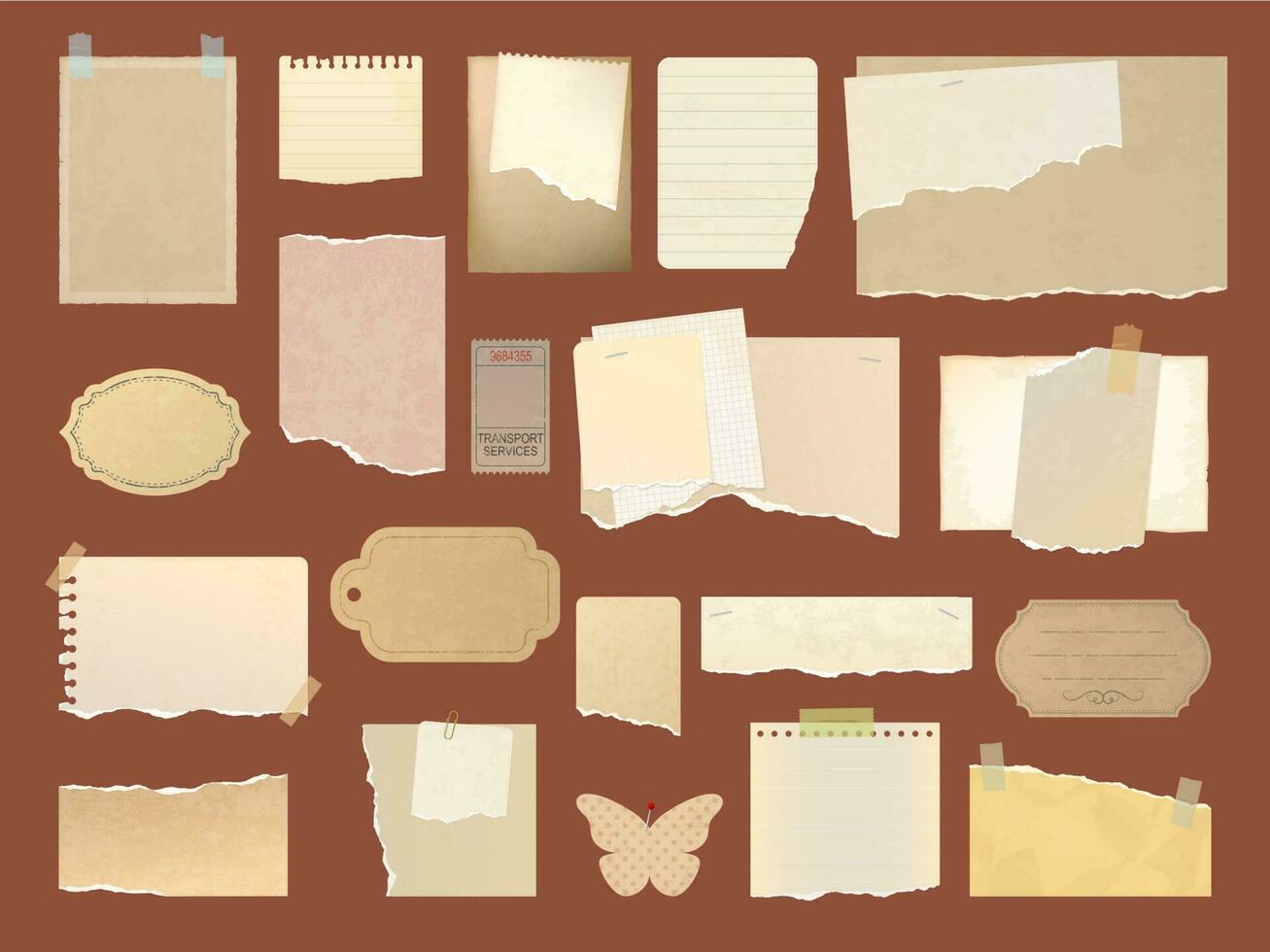 Scrapbook vintage torn paper, labels, notes, tags vector