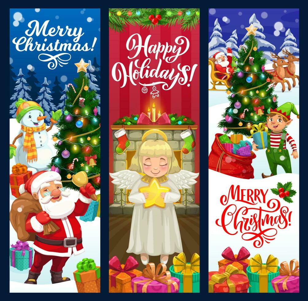Christmas banners of Santa, Xmas tree, gifts, elf vector