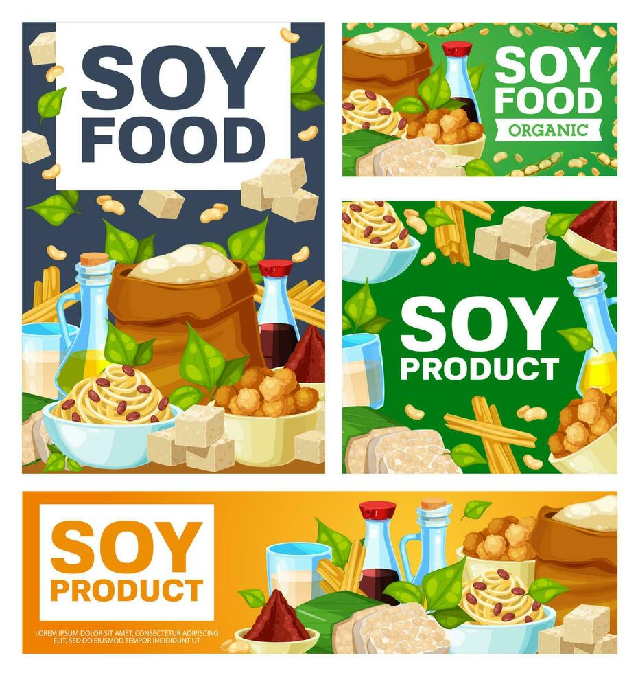 Soy food meals, soybean products vector banner
