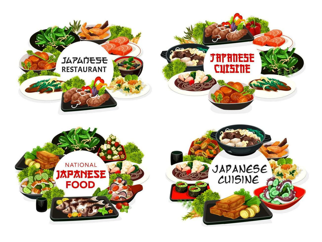 Japan food vector round banners, Japanese meals