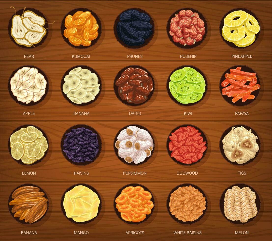 Dried fruits sliced on rings and sticks vector set