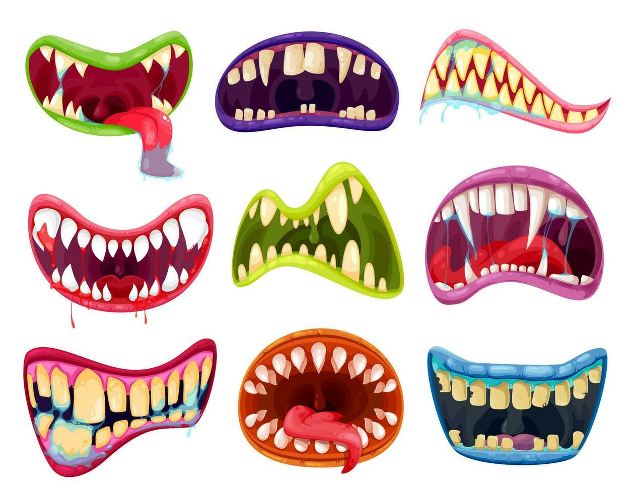 boca y dientes de Víspera de Todos los Santos monstruos dibujos animados conjunto vector