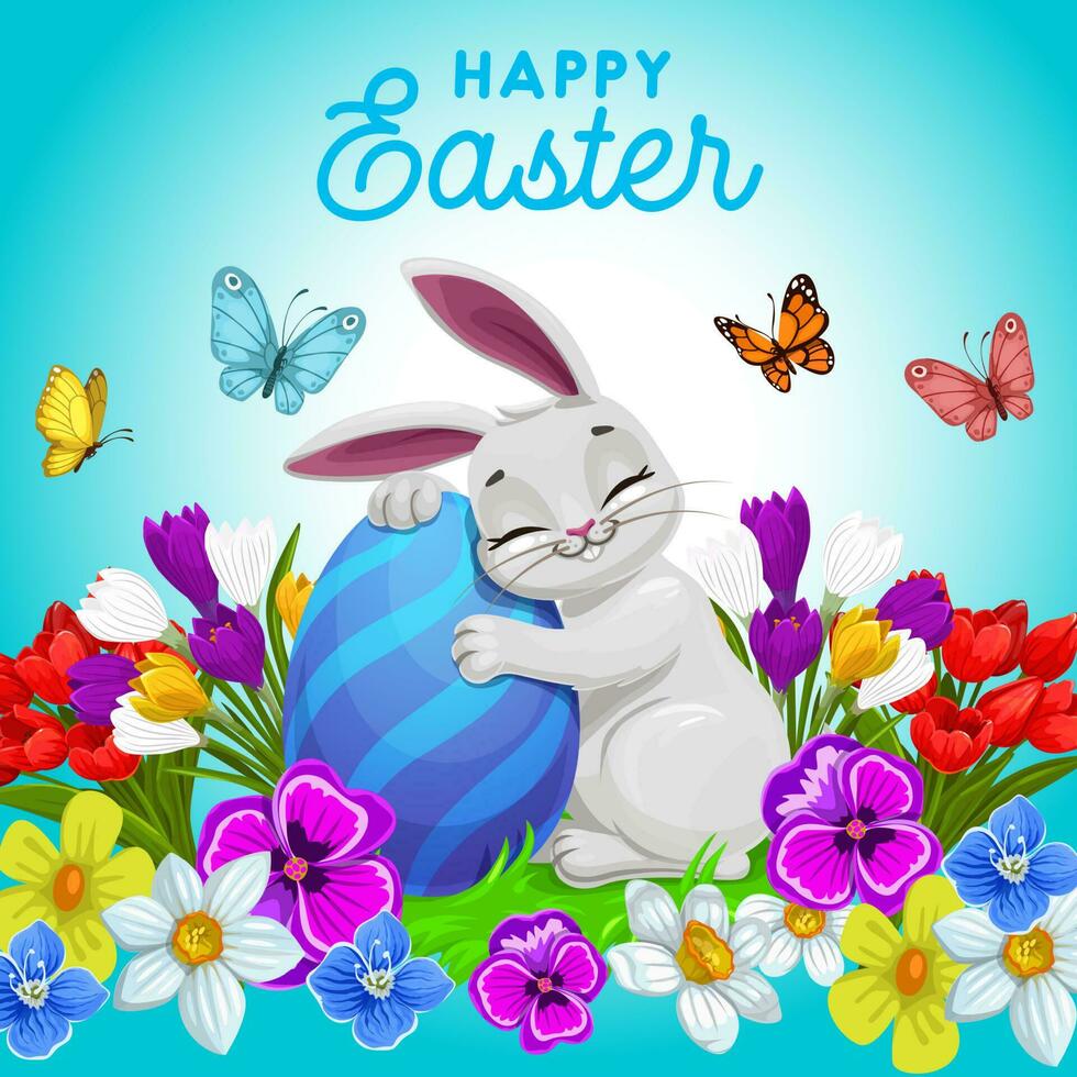 contento Pascua de Resurrección vector póster con conejito abrazando huevo