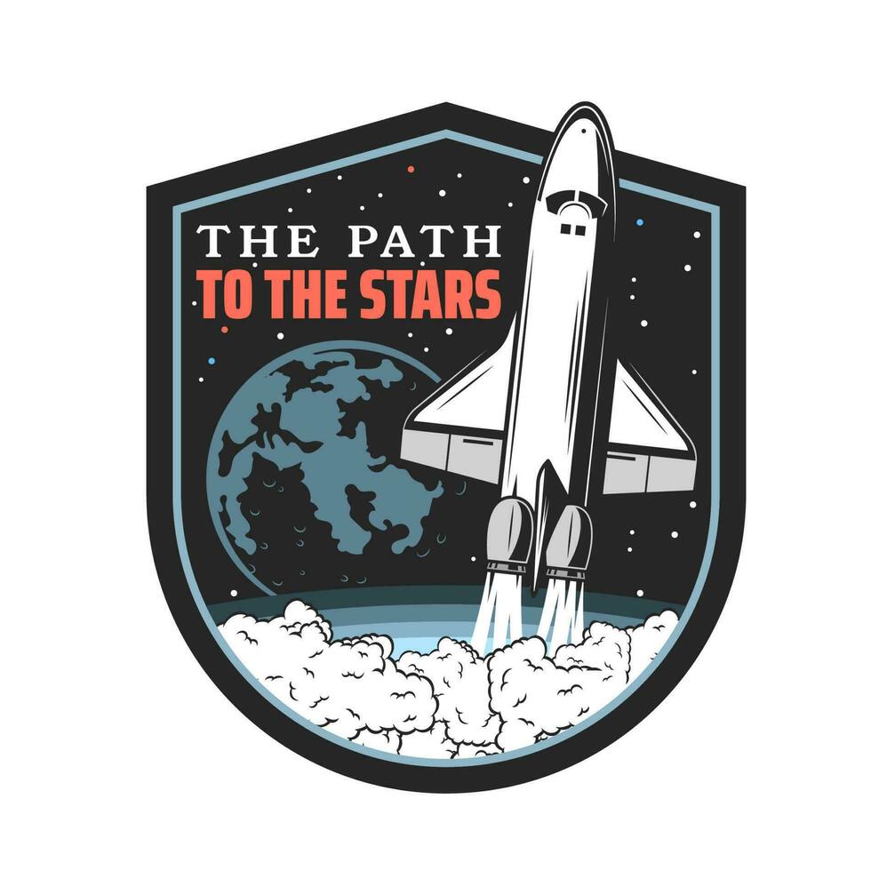 Space launch icon, shuttle take off explore galaxy vector