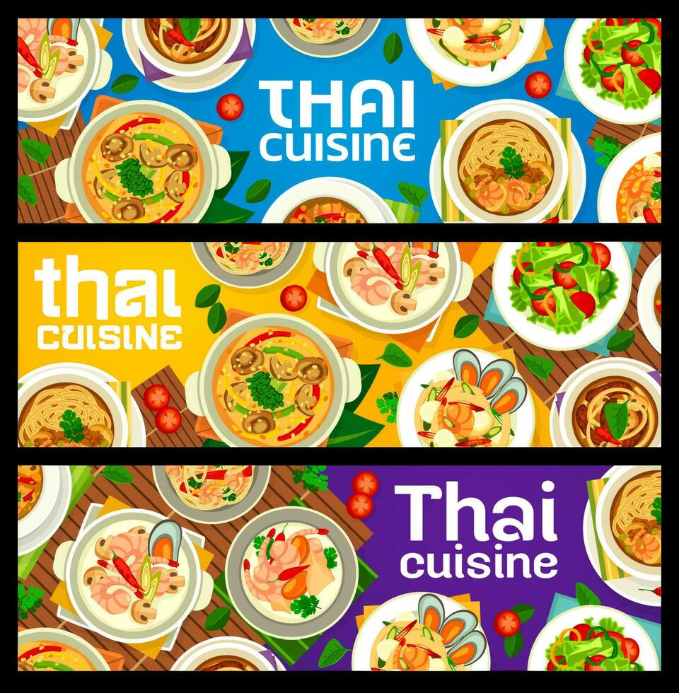 Thai cuisine restaurant meals banners, Asian food vector