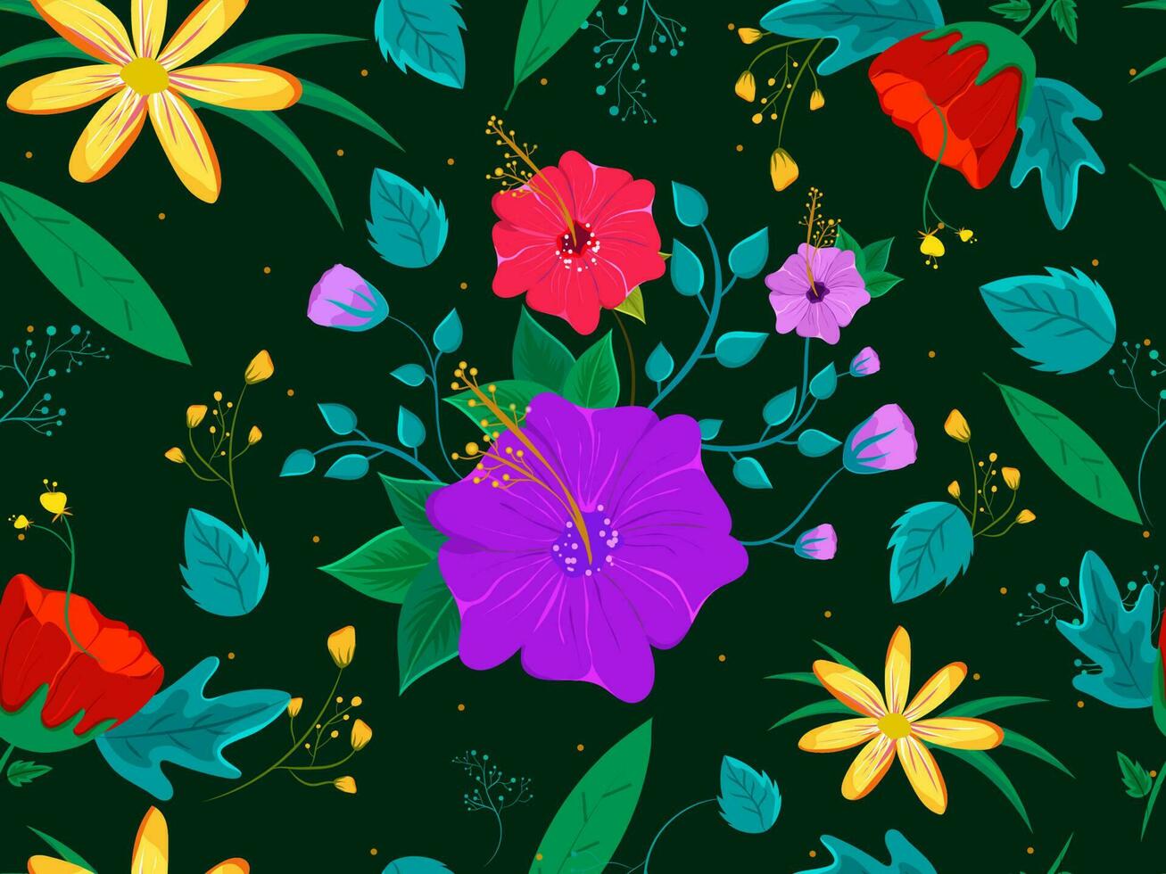 Beautiful Flowers and Leaves Decorated on Green Background. vector