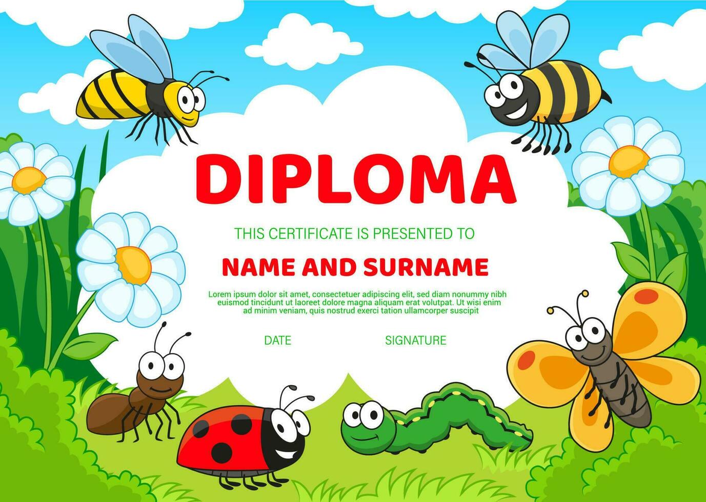 Kids diploma certificate with cartoon insects vector