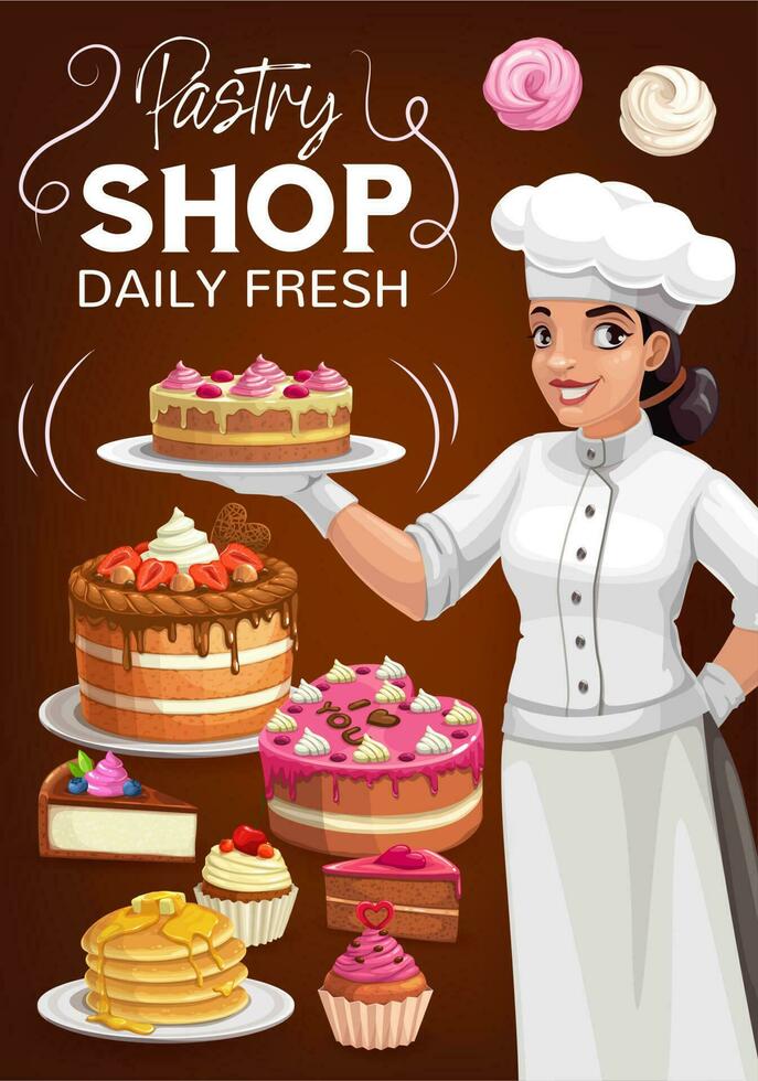 Pastry shop, patisserie bakery vector poster.