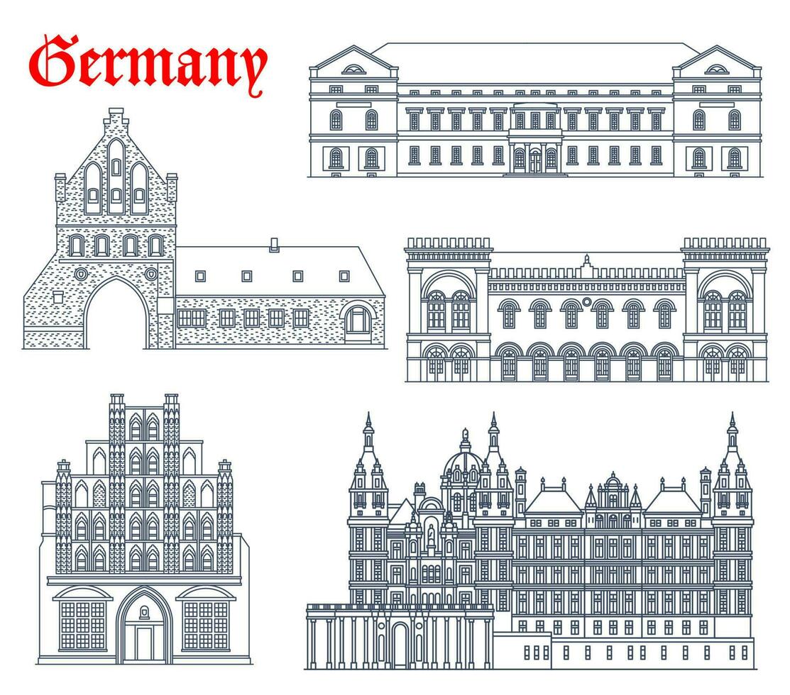 Germany landmark buildings icons, Wismar, Schwerin vector