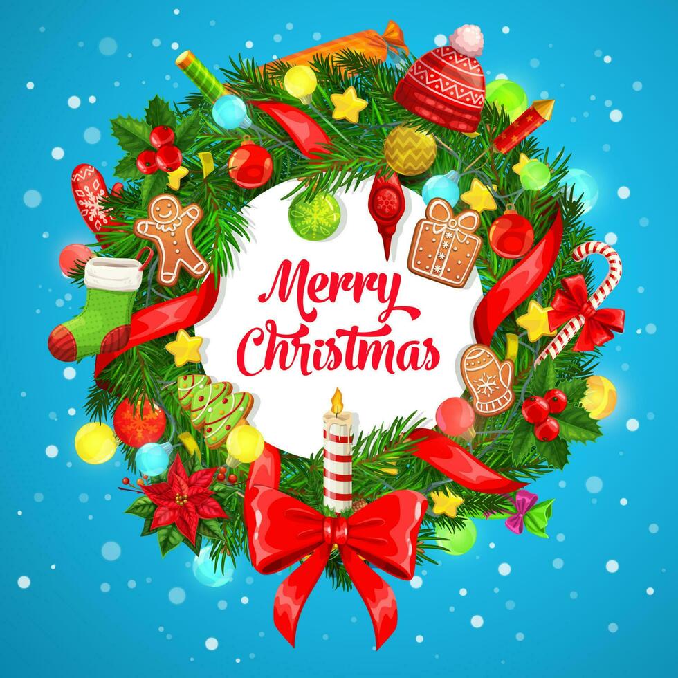 Navidad árbol guirnalda con regalos, cintas, vela vector