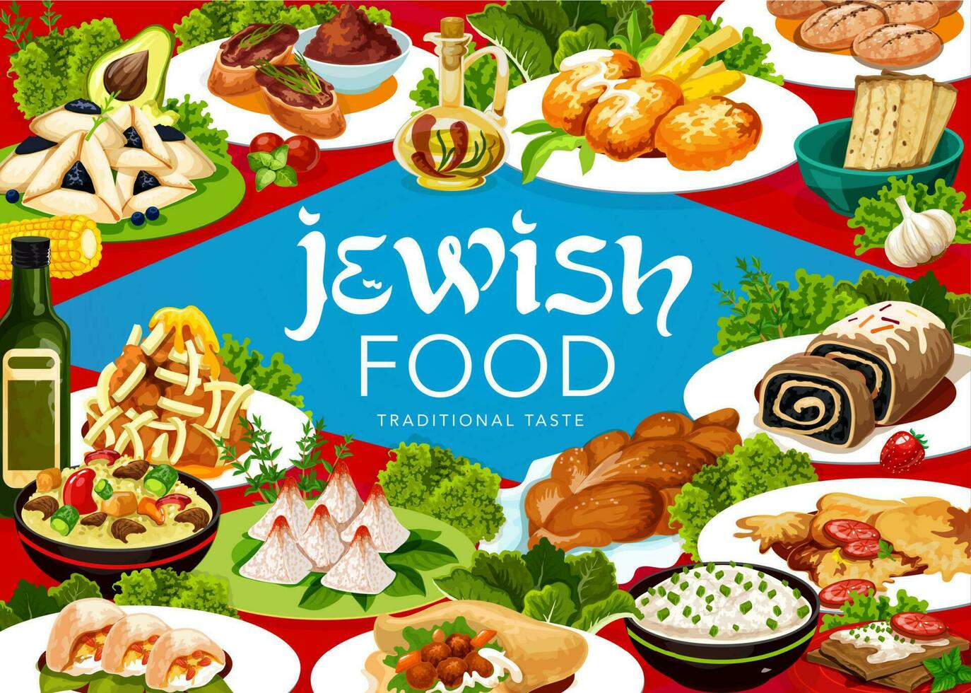 Jewish cuisine traditional meals vector banner