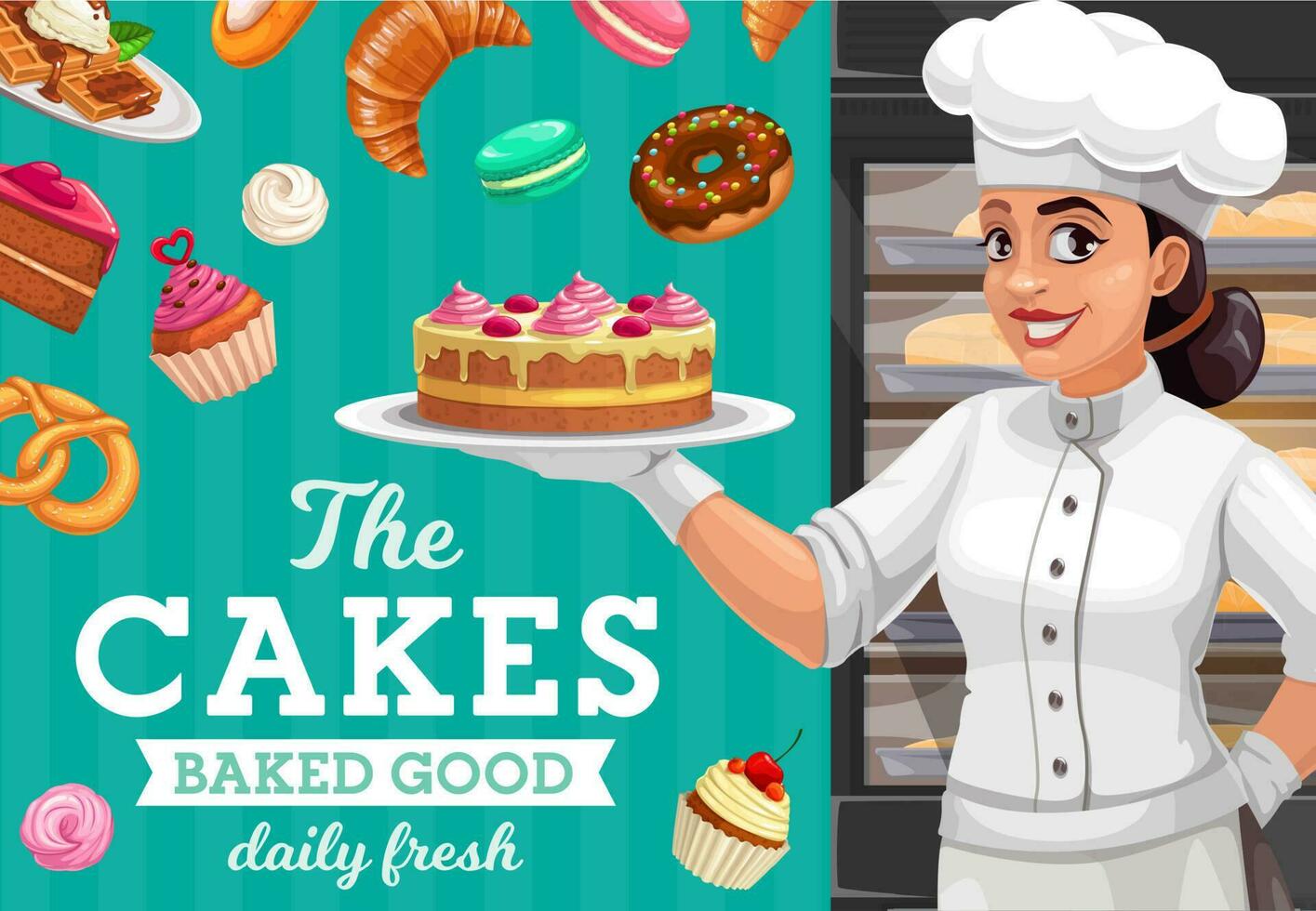 Woman baker with cake, pastries and sweet food vector