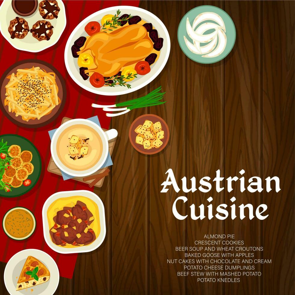 Austrian cuisine vector poster, meals of Austria