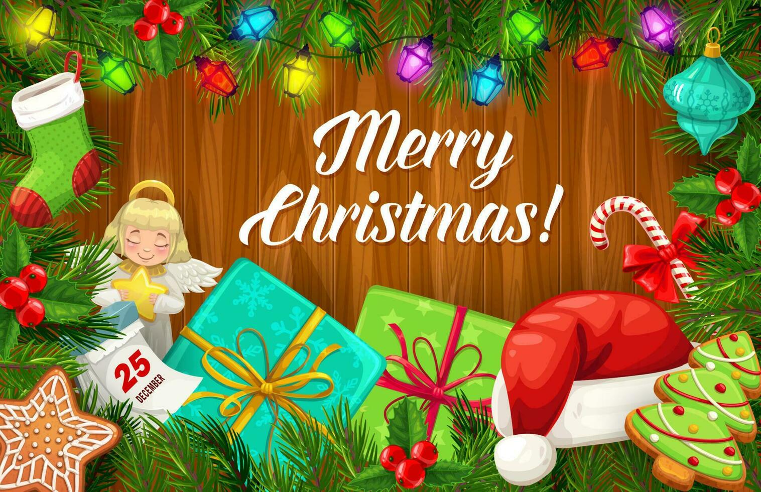 Navidad árbol, Navidad regalo, calcetín y regalos marco vector