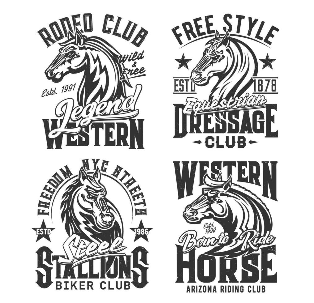 Horse t shirt prints, equestrian races, biker club vector