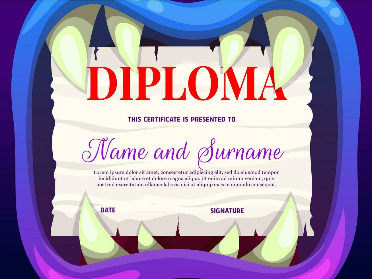 Education school diploma with spooky monster mouth vector