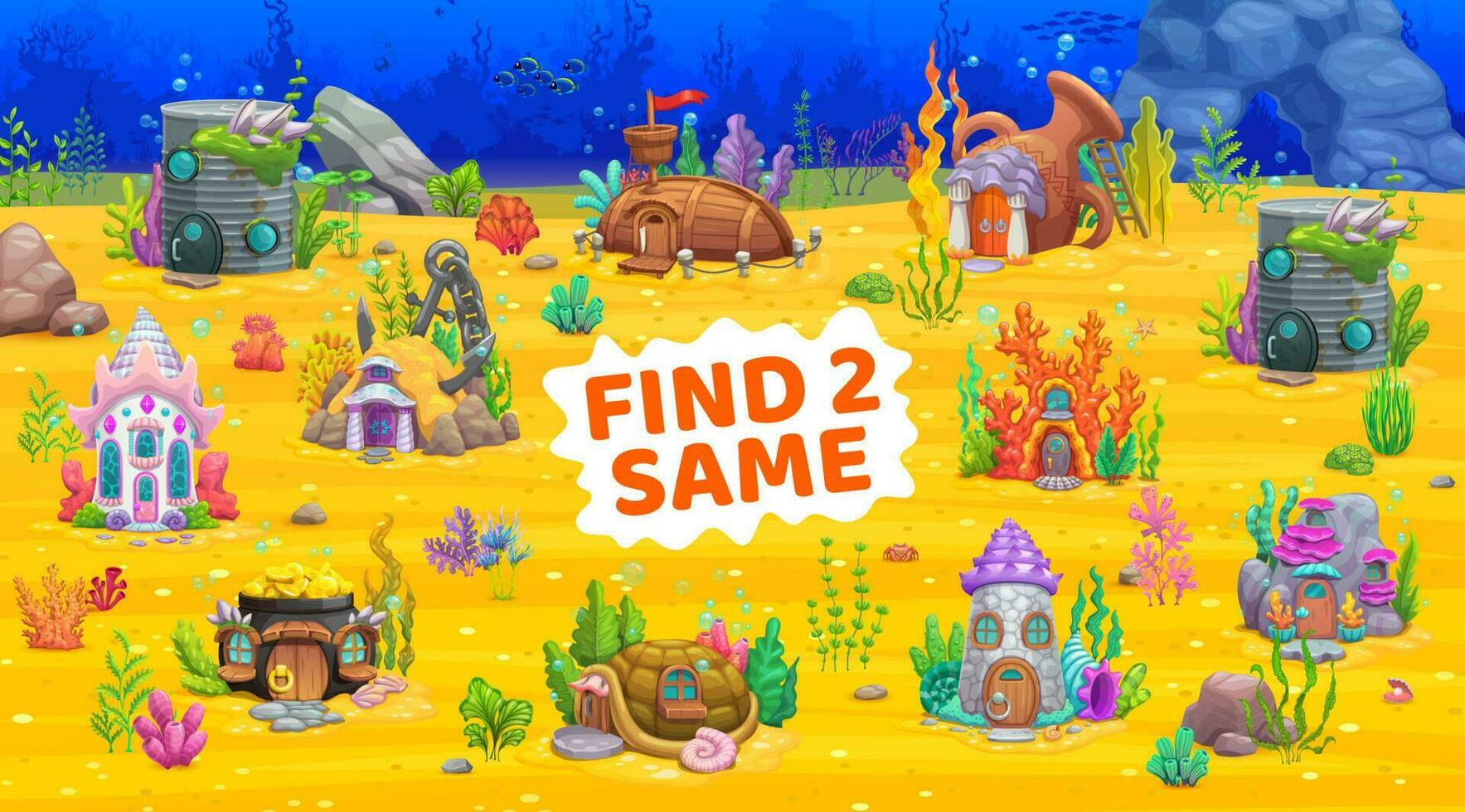 Find two same cartoon fairytale underwater house vector