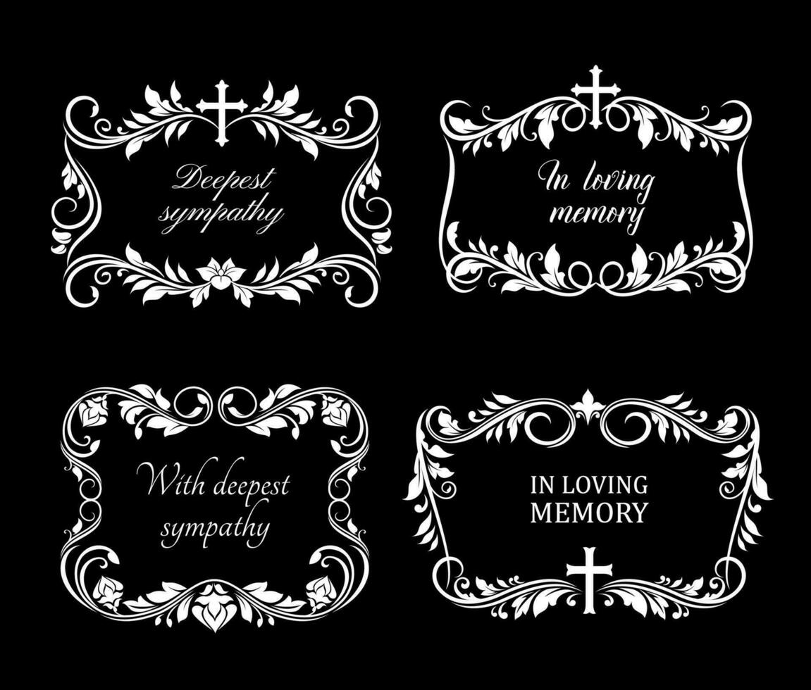 Funeral vector frames with mourning flowers set