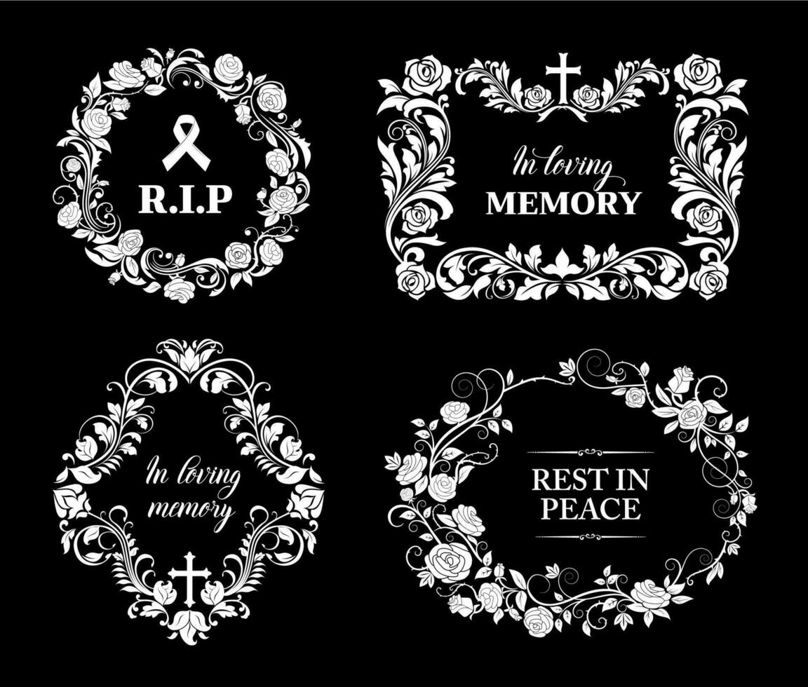 Funereal frames with floral ornaments and crosses vector