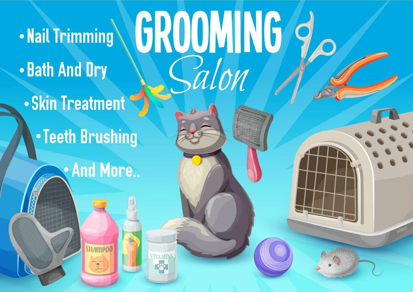 Pet care, cat grooming salon poster with kitten vector