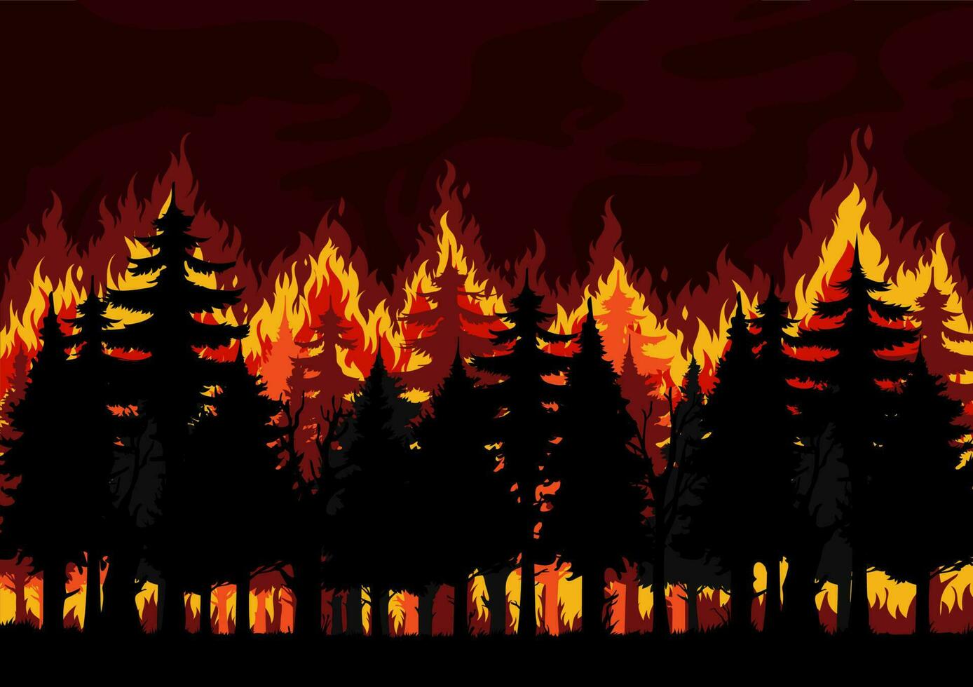 Spruce forest fire, natural disaster background vector