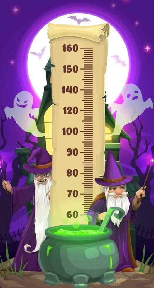Halloween kids height chart with wizards, ghosts vector