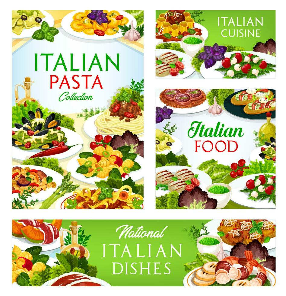 Italian cuisine vector dishes Italy meals posters