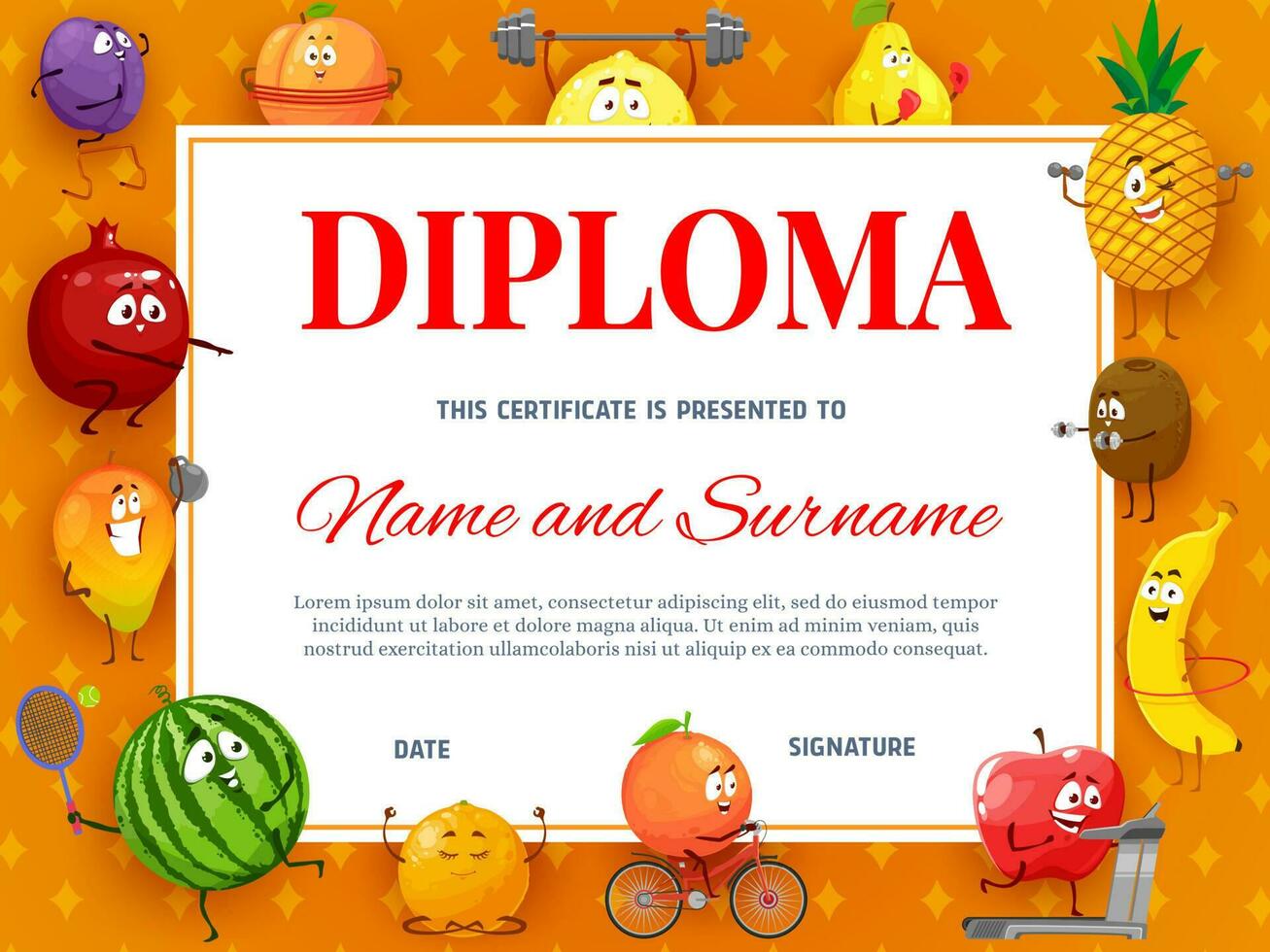 niños diploma o certificado con tropical frutas vector