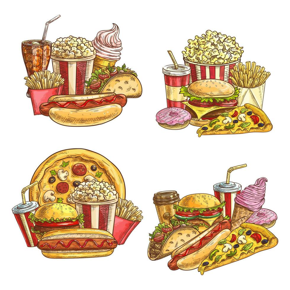 Fast food takeaway meals and snacks sketch vector