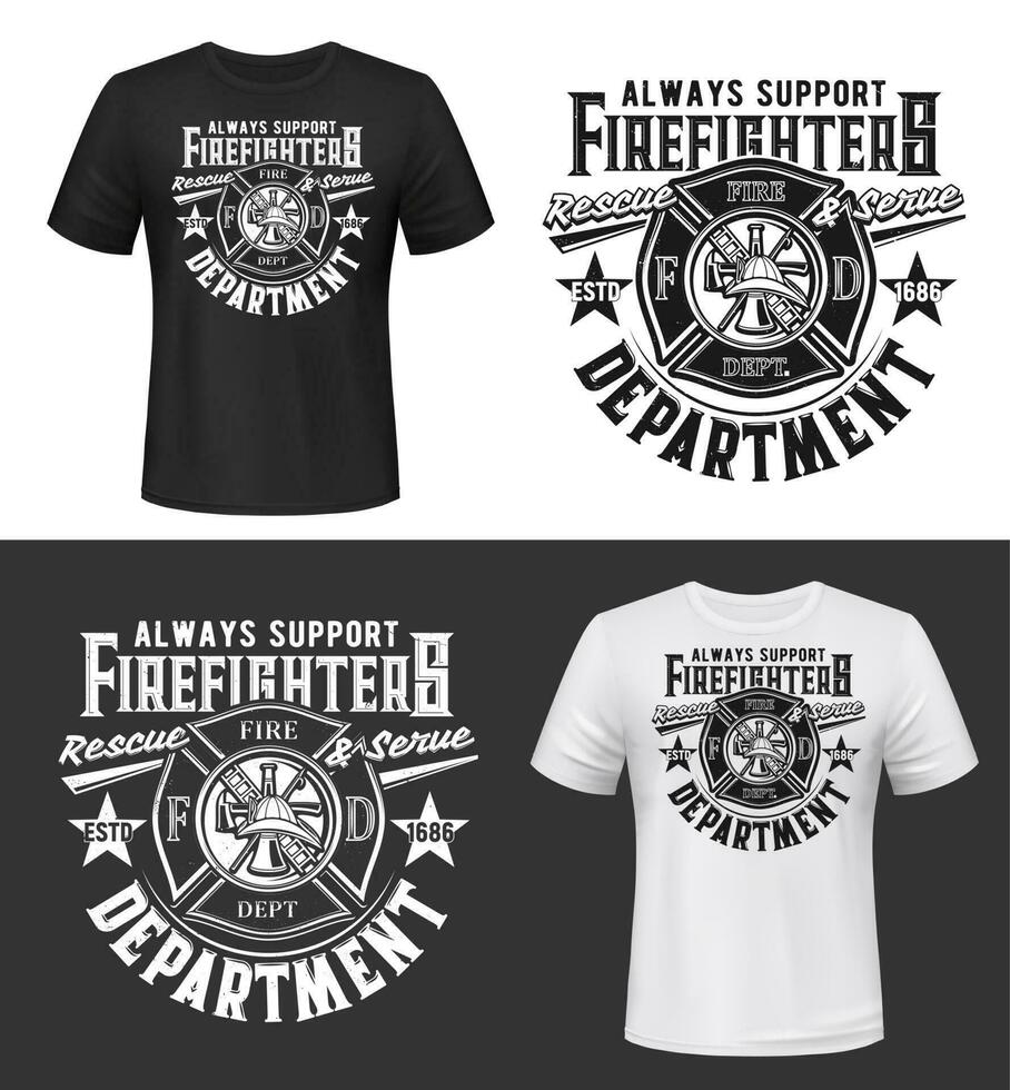 Tshirt print with firefighters helmet, ax, ladder vector