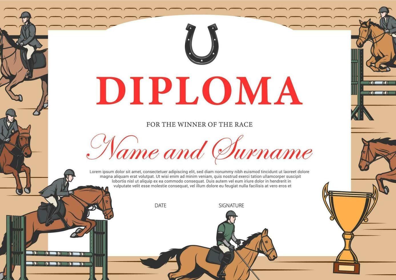 caballo carrera ganador diploma, certificado modelo vector