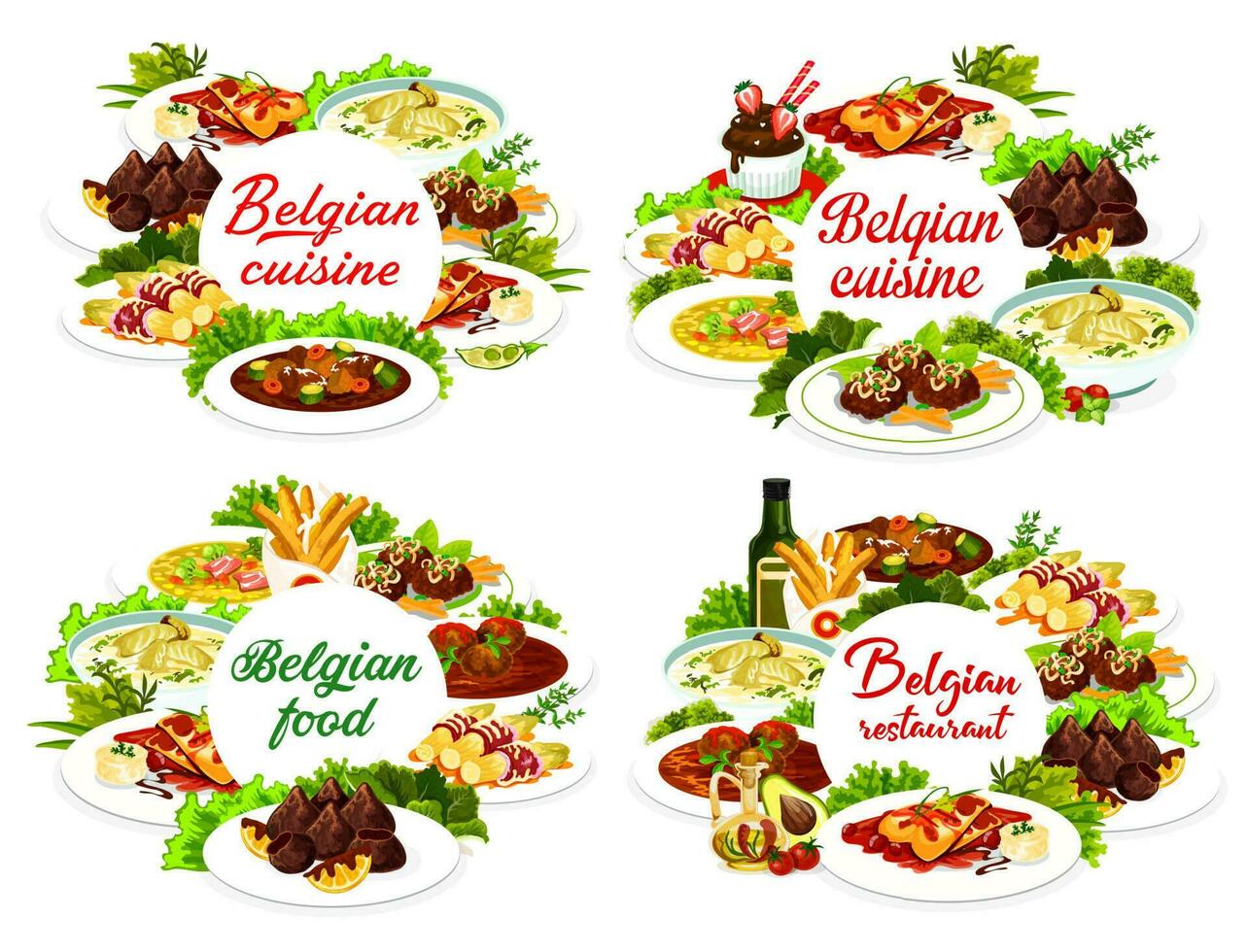 Belgian food cuisine, menu dishes, Belgium meals vector