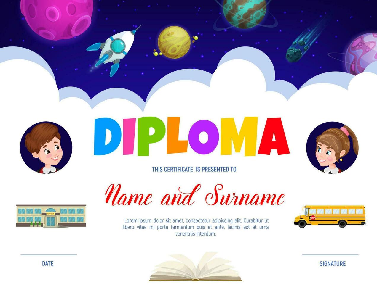 Education diploma with cartoon galaxy space, pupil vector