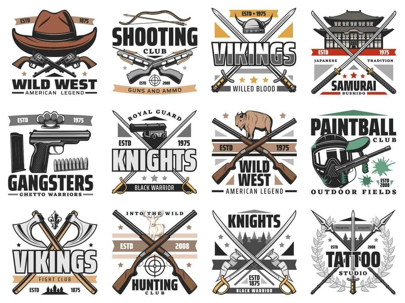 Guns and swords weapon retro vector icons set