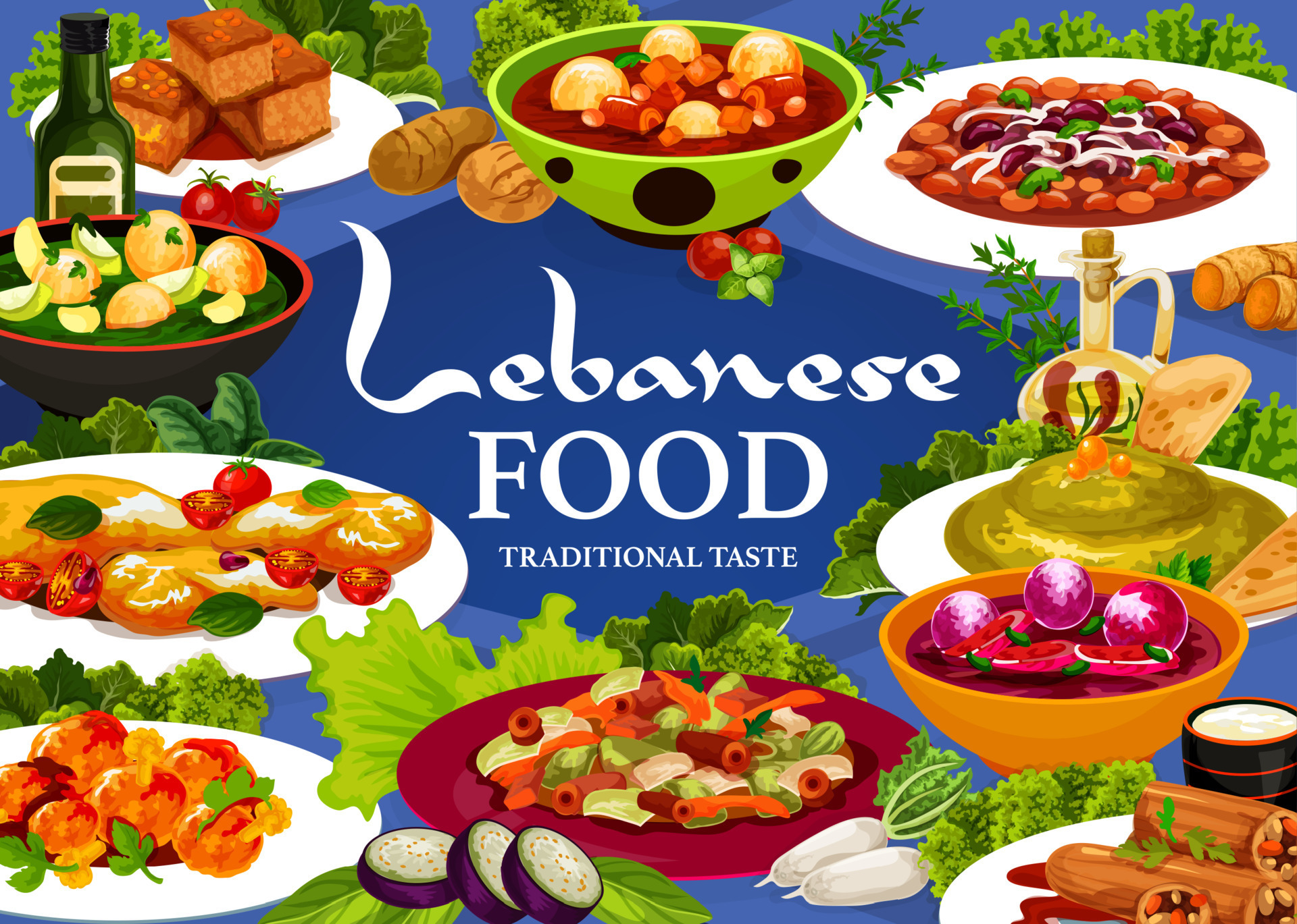 Lebanese food menu cover with Arab cuisine dishes 23837281 Vector Art