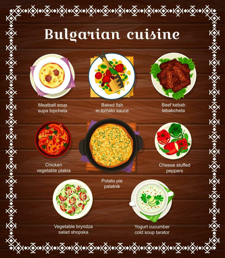 búlgaro cocina comida menú platos, Bulgaria comidas vector