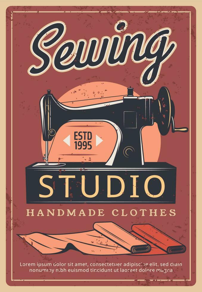 Sewing studio retro poster with machine and fabric vector