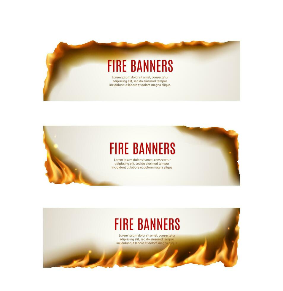 Burning paper with fire flames vector banners