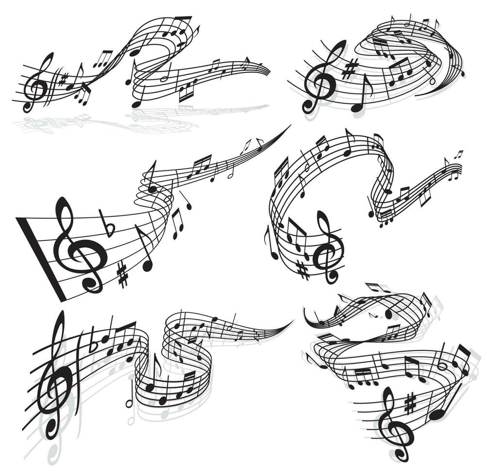 Music waves vector musical notes and clef on stave